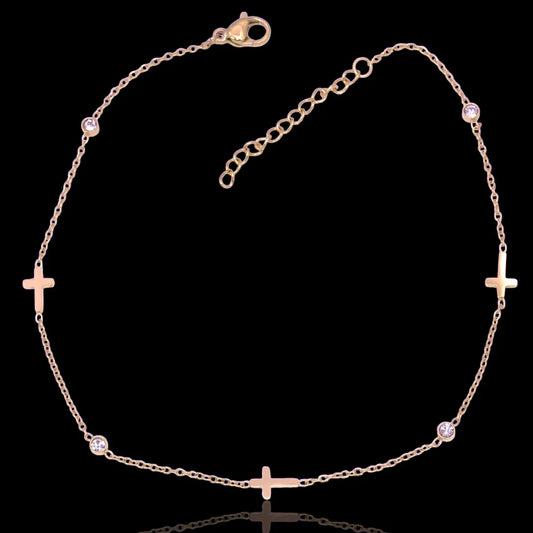 GOLD FILLED STAINLESS STEEL SACRED CROSS ADJUSTABLE ANKLET