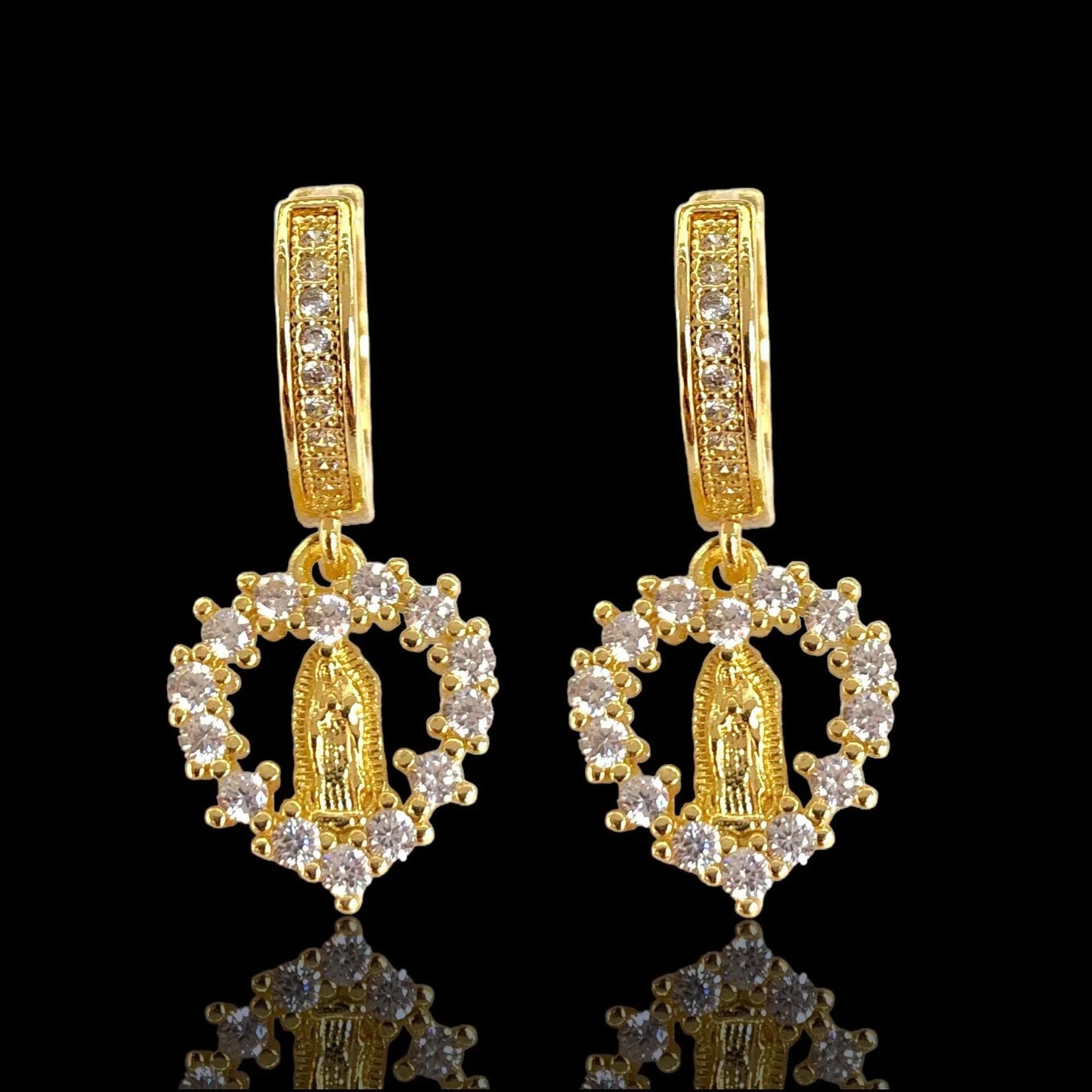 GOLD FILLED GUADALUPE HEART DANGLE EARRINGS