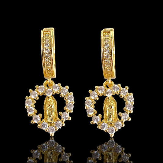 GOLD FILLED GUADALUPE HEART DANGLE EARRINGS