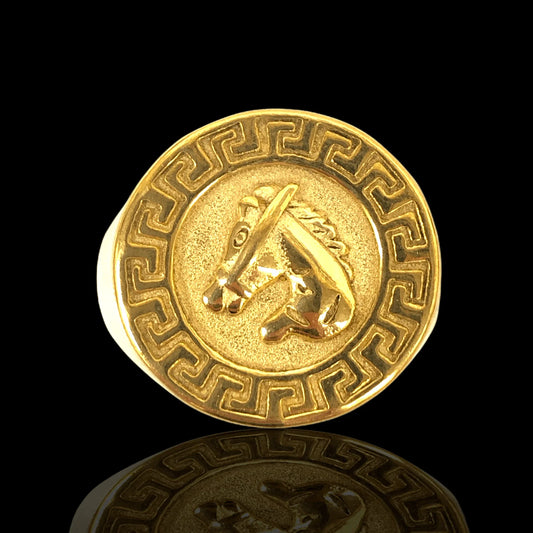 18K Gold Filled Stainless Steel Roman Pattern Horse Men's Ring